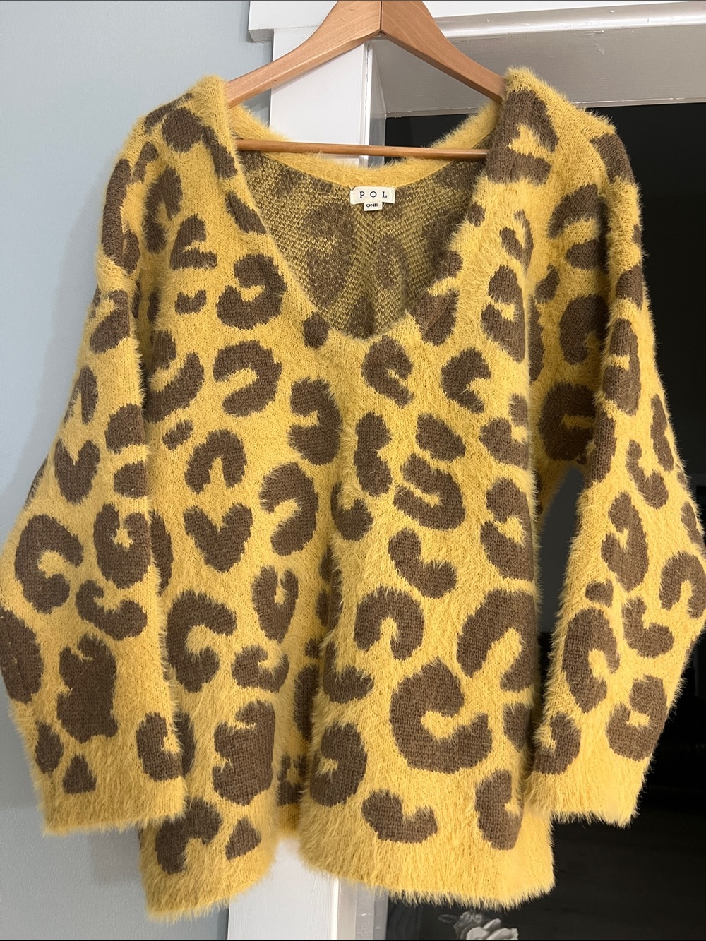 POL Yellow Leopard-Print Fuzzy V-Neck Sweater